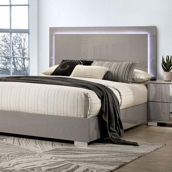 Asiko Modern Led Headboard Light Taupe Bed A modern gray bed frame with a rectangular headboard featuring purple LED backlighting, styled with striped and solid beige bedding, a dark gray throw blanket, and matching pillows in a bright bedroom setting.