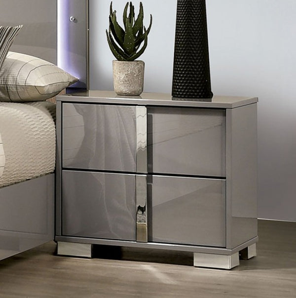 Asiko Modern UV Finish Light Taupe Nightstand Gray nightstand with two drawers in a bedroom setting