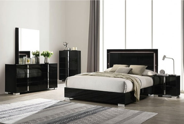 Asiko Modern UV Finish Piano Black Chest A modern bedroom furniture set featuring a black high-gloss platform bed with a matching headboard, a black dresser with a mirror, a black nightstand, and a black chest of drawers, styled with white bedding and neutral decor in a bright room.