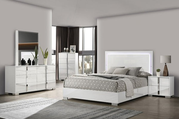 Asiko Modern UV Finish White Chest Modern bedroom with white furniture set including bed, dresser, and nightstands.