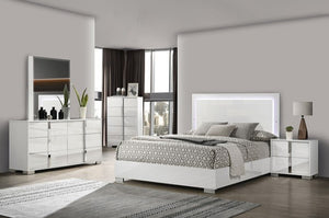 Asiko Modern UV Finish White Dresser Modern bedroom with white furniture including a bed, dresser, and nightstands.