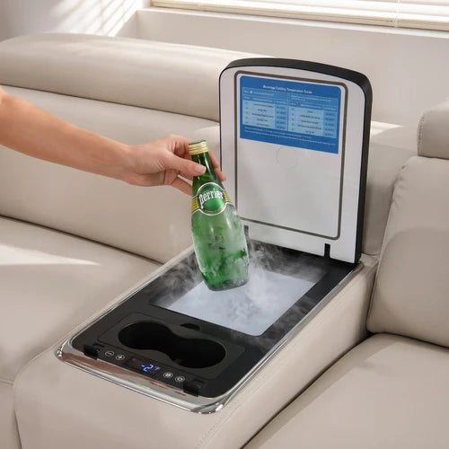 Aurelia Beige Modern Air Leather Sectional Sofa Powered Recliner A beige leather sofa with a built-in beverage center tray. A hand is placing a green glass bottle into a cooling tray with visible steam, and an open lid above shows a blue temperature display panel.