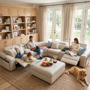 Aurelia Beige Modern Air Leather Sectional Sofa Powered Recliner A large cream-colored modular sectional sofa with a matching ottoman in a bright, modern living room. A man, a woman, and a young boy are relaxing on the sofa, while a golden retriever dog lies on the woven rug on the floor.