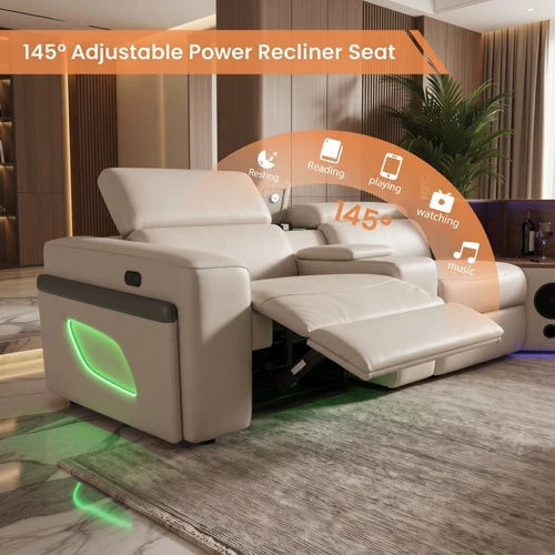 Aurelia Beige Modern Air Leather Sectional Sofa Powered Recliner A beige recliner power seat shown in a modern living room setting, with the footrest extended and an orange graphic overlay highlighting adjustable power reclining features.