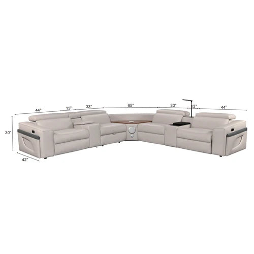 Aurelia Beige Modern Air Leather Sectional Sofa Powered Recliner Brown leather belt with silver buckle on a white background