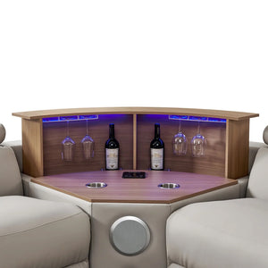 Aurelia Modern 5 Seat Sectional Sofa Powered Recliner Wooden bar console with wine bottles and glasses in a living room setting