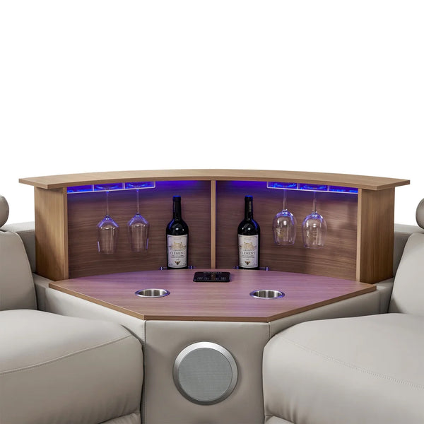 Aurelia Modern 5 Seat Sectional Sofa Powered Recliner Wooden bar console with wine bottles and glasses in a living room setting