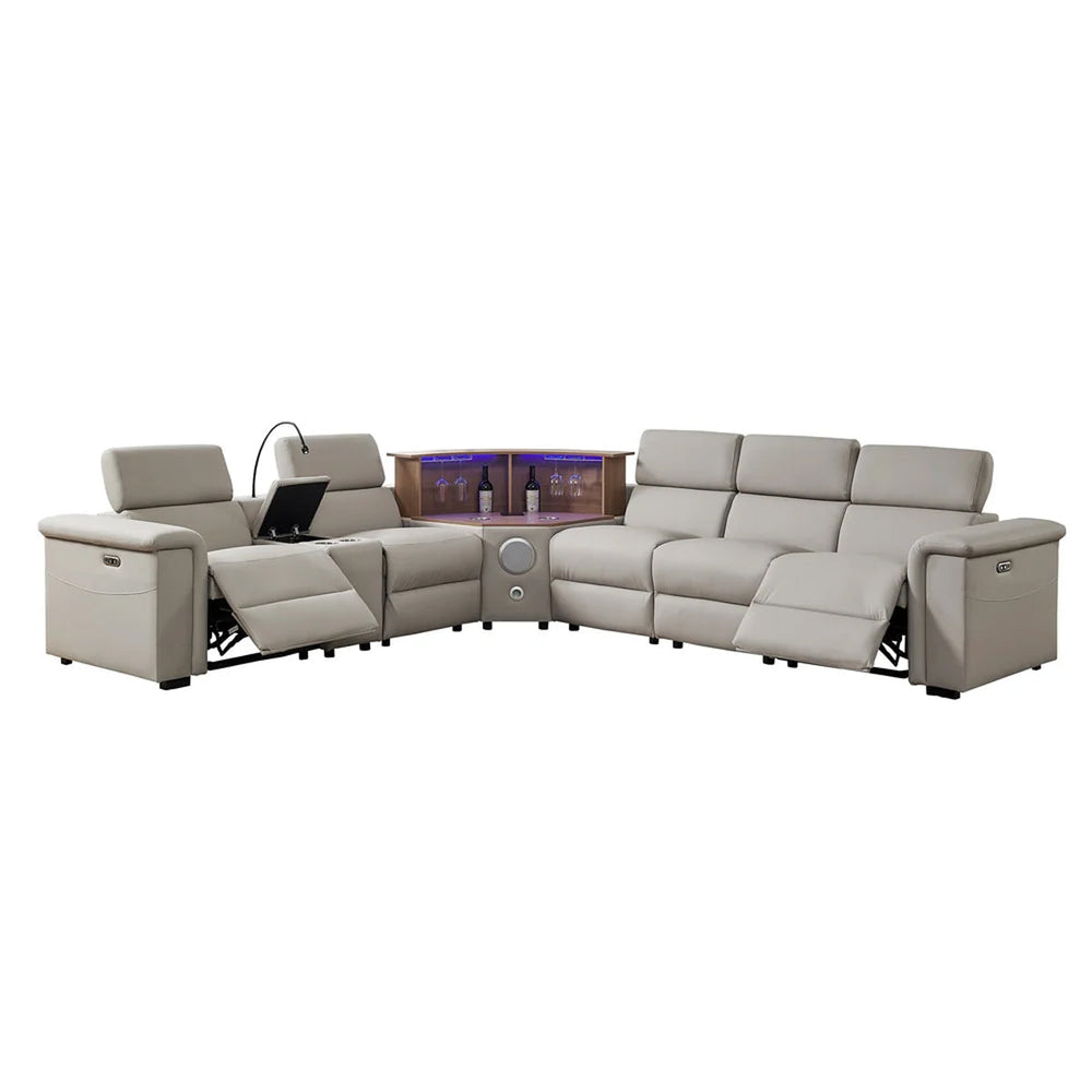 Aurelia Modern 5 Seat Sectional Sofa Powered Recliner Modern living room with a sectional sofa, coffee table, and cityscape view.