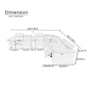 Aurelia Modern 5 Seat Sectional Sofa Powered Recliner Diagram of a sectional sofa with dimensions labeled in centimeters and inches.