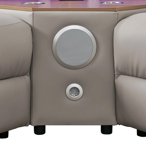 Aurelia Modern 5 Seat Sectional Sofa Powered Recliner Beige leather surround sound system for a home theater, featuring a large circular speaker on the center console panel and a smaller subwoofer below it.