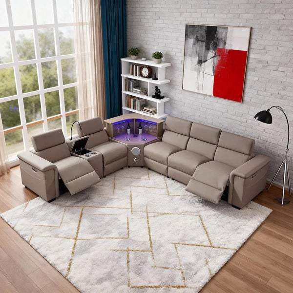 Aurelia Modern 5 Seat Sectional Sofa Powered Recliner Modern living room with a beige sectional sofa, bookshelf, and abstract painting.