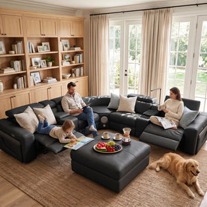 Aurelia Modern Air Leather Sectional Sofa Powered Recliner A large black sectional sofa with a matching ottoman in a bright, modern living room. A man, a woman, a child, and a golden retriever dog are relaxing in the seating area.