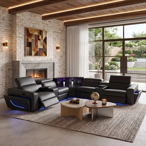 Aurelia Modern Air Leather Sectional Sofa Powered Recliner A modern black leather recliner sofa set with built-in blue LED lighting, styled in a contemporary living room with a fireplace, brick walls, large windows, and a wooden coffee table.