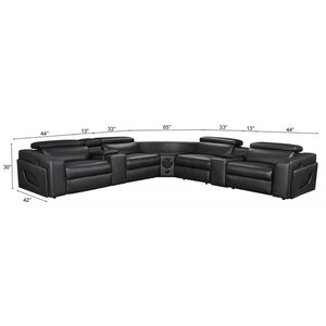 Aurelia Modern Air Leather Sectional Sofa Powered Recliner Black sectional sofa with dimension callouts showing width, depth, and height measurements on a white background.