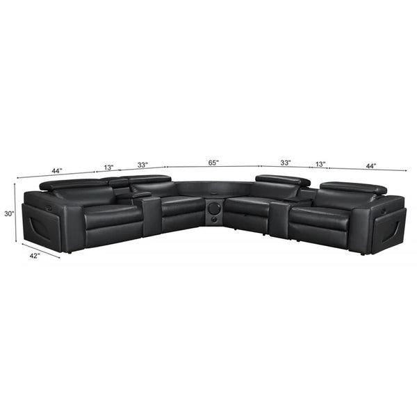 Aurelia Modern Air Leather Sectional Sofa Powered Recliner Black sectional sofa with dimension callouts showing width, depth, and height measurements on a white background.