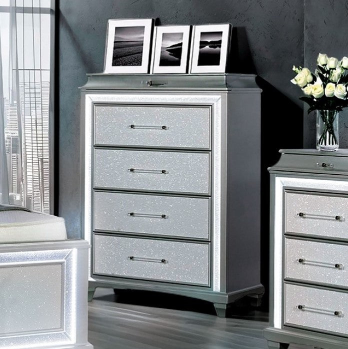 Aurielle Gray glittery chest with three drawers in a room setting.