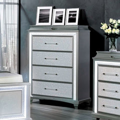 Aurielle Gray glittery chest with three drawers in a room setting.
