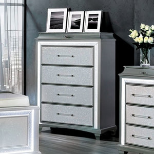 Aurielle Gray glittery chest with three drawers in a room setting.