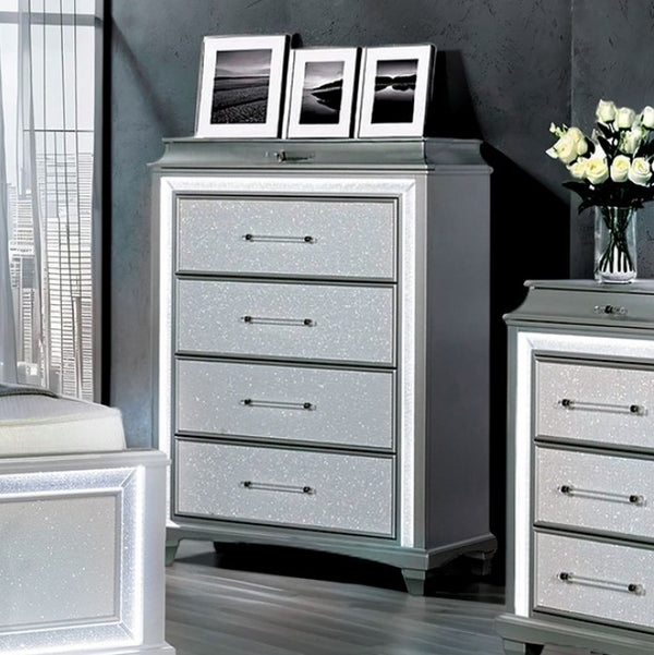 Aurielle Gray glittery chest with three drawers in a room setting.