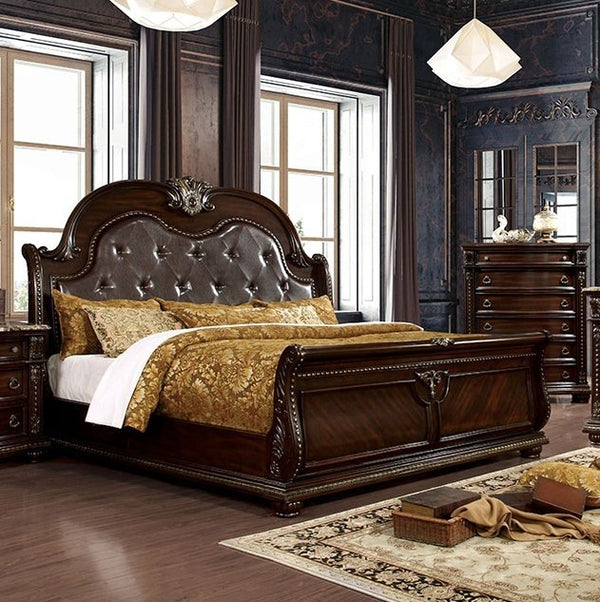 Aurora Brown Cherry Leather Sleigh Bed
