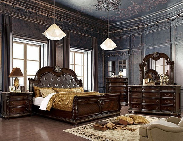 Aurora Brown Cherry Leather Sleigh Bedroom Set
