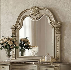 Aurora Decorative mirror with intricate gold frame on a wall above a dresser.