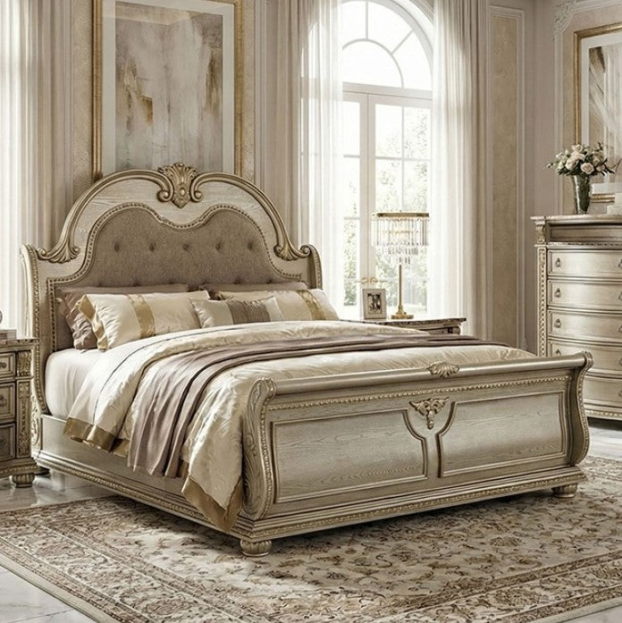 Aurora Champagne Gold Upholstered Sleigh Bed