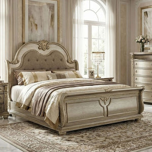 Aurora Champagne Gold Upholstered Sleigh Bed