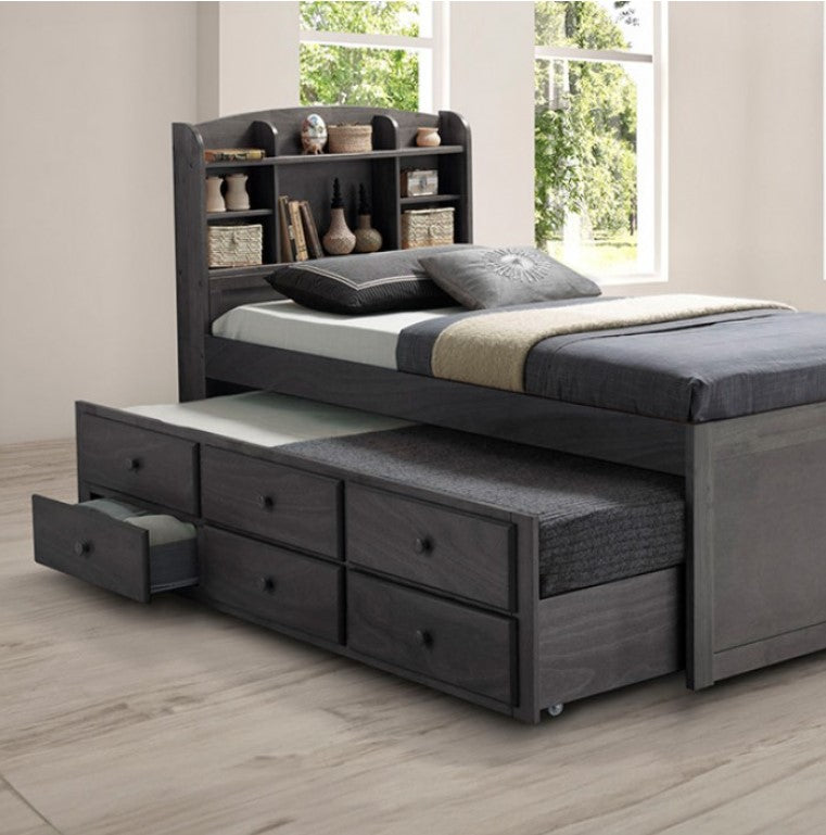 Ava Transitional Style Solid Wood Bookcase Trundle Storage Youth Bed