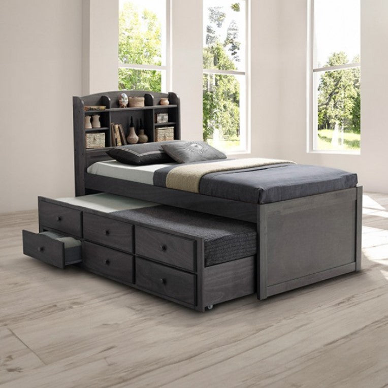 Ava Transitional Style Solid Wood Bookcase Trundle Storage Youth Bed