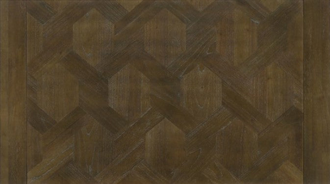 Bahhni Transitional Style Inlay Pattern Dining Table Dining room with wooden table and chairs in a well-lit room.