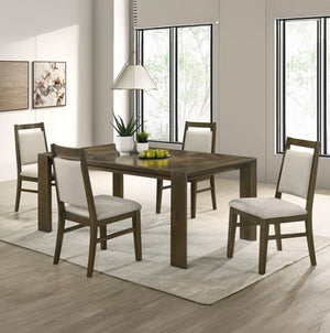Bahhni Transitional Style Inlay Pattern Dining Table Dining room with wooden table and chairs in a well-lit room.