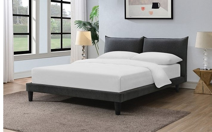 Bassetti Modern Style Shelter Padded Light Gray Bed Bedroom with a bed featuring white bedding and dark upholstered headboard.