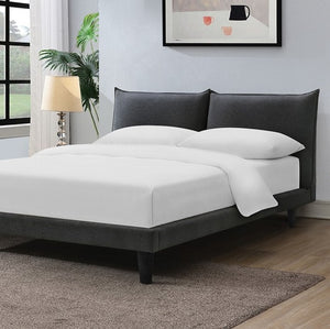 Bassetti Modern Style Shelter Padded Light Gray Bed Bedroom with a bed featuring white bedding and dark upholstered headboard.