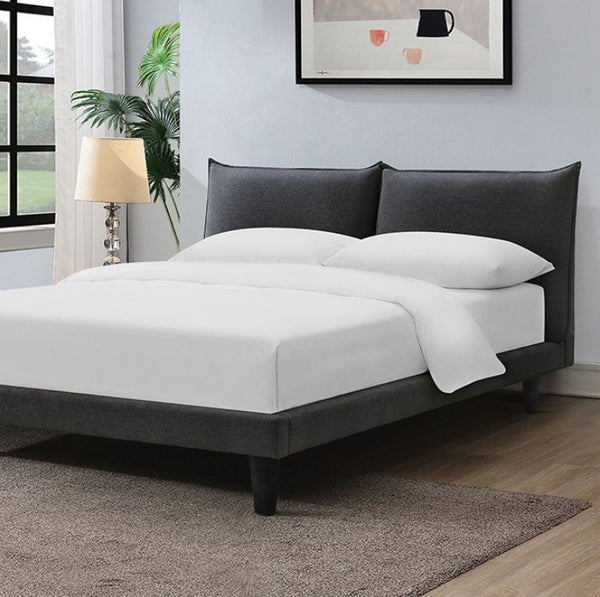 Bassetti Modern Style Shelter Padded Light Gray Bed Bedroom with a bed featuring white bedding and dark upholstered headboard.