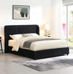 Bassetti Modern Style Shelter Padded Black Bed Style Bedroom with a black upholstered bed, white bedding, and a abstract painting on the wall.