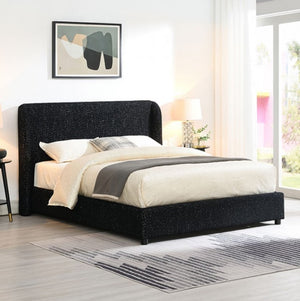 Bassetti Modern Style Shelter Padded Black Bed Style Bedroom with a black upholstered bed, white bedding, and a abstract painting on the wall.