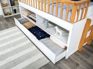 Bawin Open Shelf Bookcase Trundle Youth Bed Wooden bunk bed with storage drawers in a room setting.
