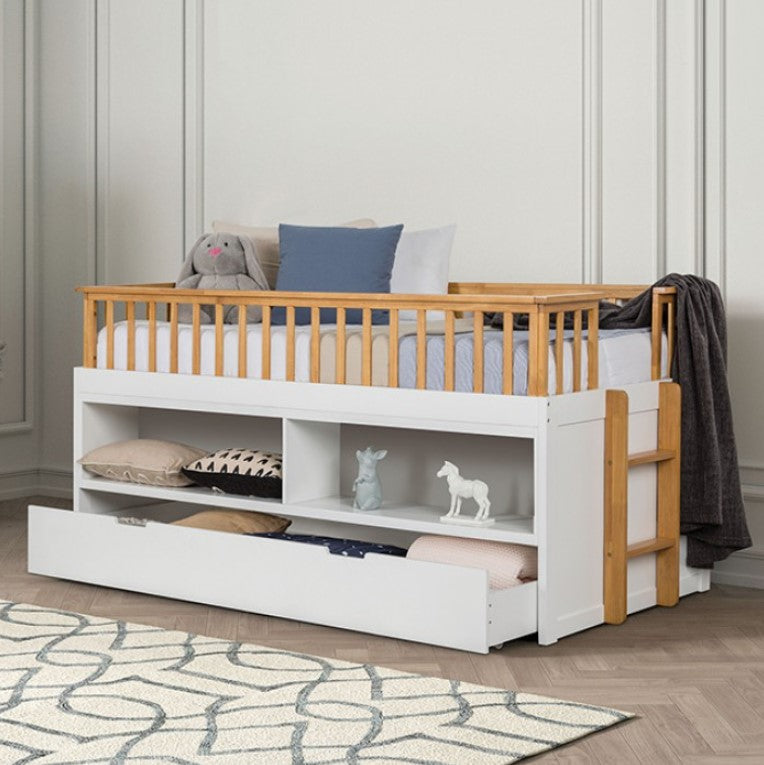 Bawin Open Shelf Bookcase Trundle Youth Bed Children's bed with storage drawers and wooden frame in a room setting.