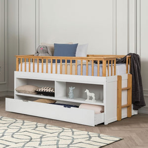 Bawin Open Shelf Bookcase Trundle Youth Bed Children's bed with storage drawers and wooden frame in a room setting.