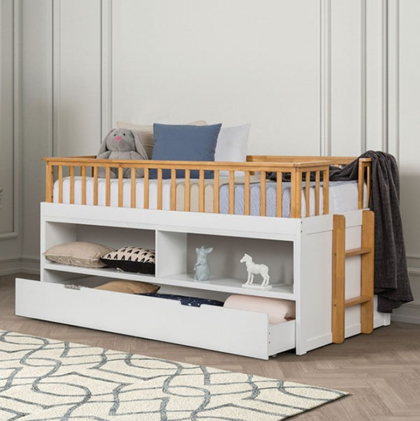 Bawin Open Shelf Bookcase Trundle Youth Bed Children's bed with storage drawers and wooden frame in a room setting.