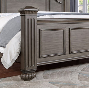 Bella Traditional Gray Bedroom Collection Gray wooden bed with detailed design on a patterned floor