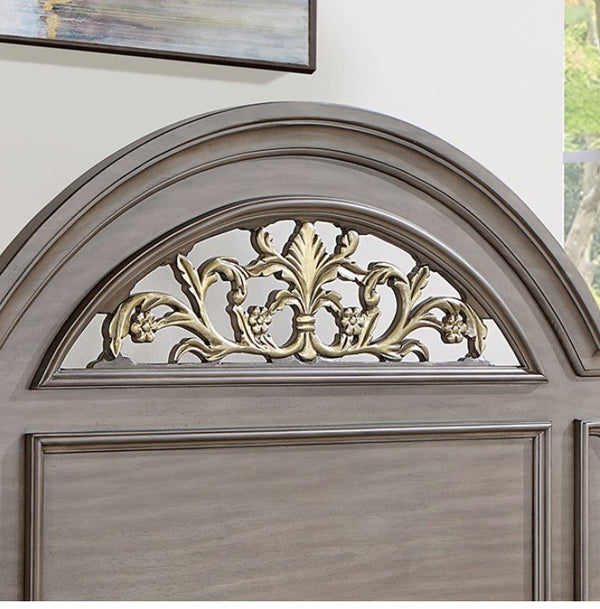 Bella Traditional Gray Bedroom Collection Decorative wooden door with intricate carvings and a glass panel.