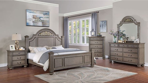 Bella Traditional Gray Bedroom Collection Wooden bedroom furniture set with bed, nightstands, dresser, and mirror in a room.
