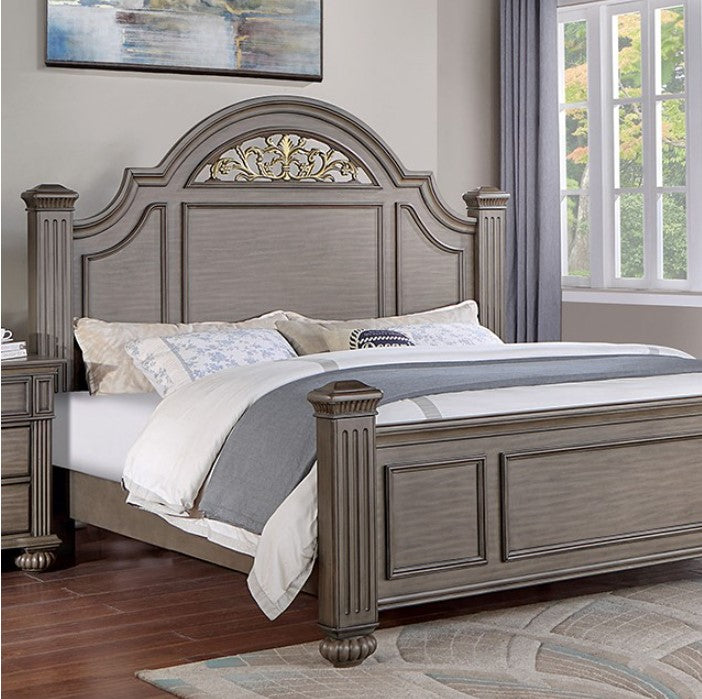 Bella Traditional Gray Bedroom Collection Wooden bed with decorative headboard in a bedroom setting