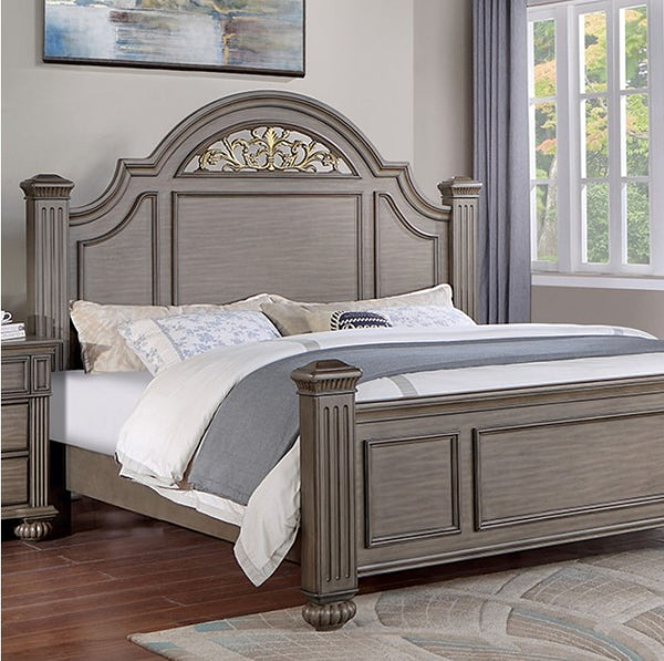 Bella Traditional Gray Bedroom Collection Wooden bed with decorative headboard in a bedroom setting