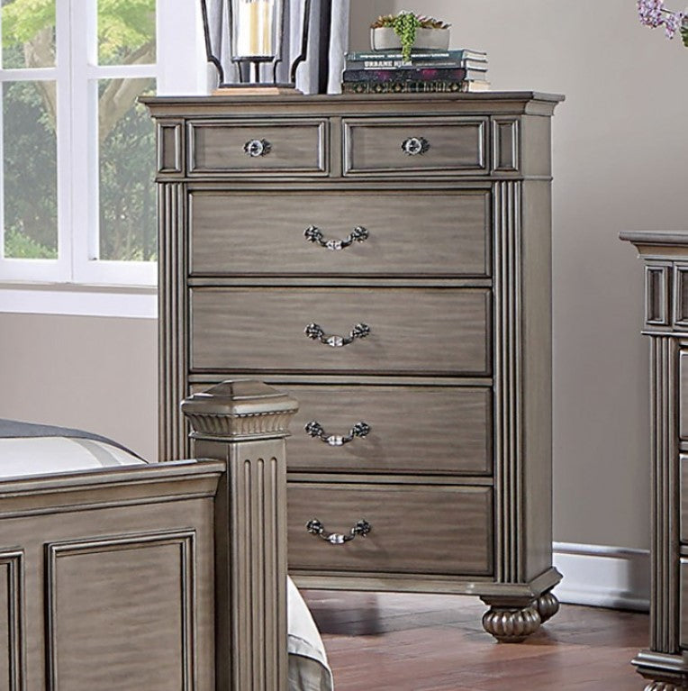 Bella Traditional Gray Chest Wooden dresser with multiple drawers in a bedroom setting