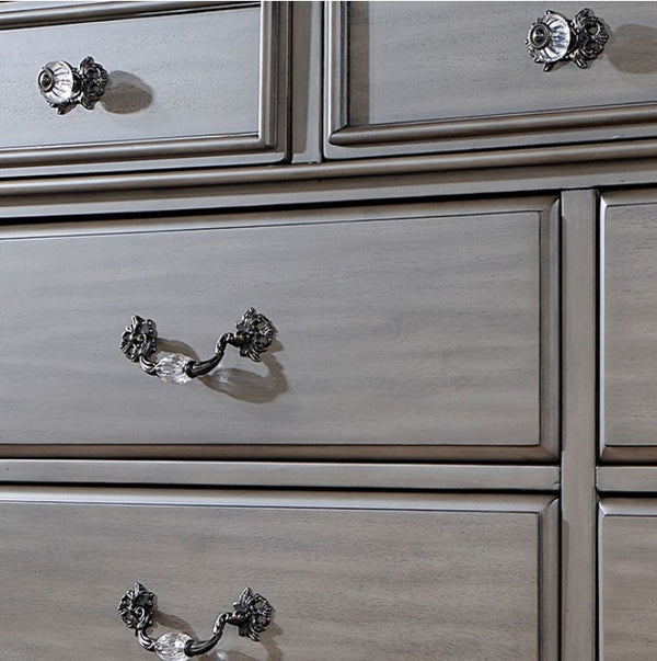 Bella Traditional Gray Dresser Close-up of a silver dresser with decorative handles
