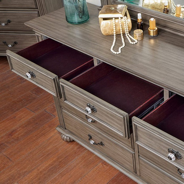 Bella Traditional Gray Dresser Wooden dresser with open drawers on a wooden floor