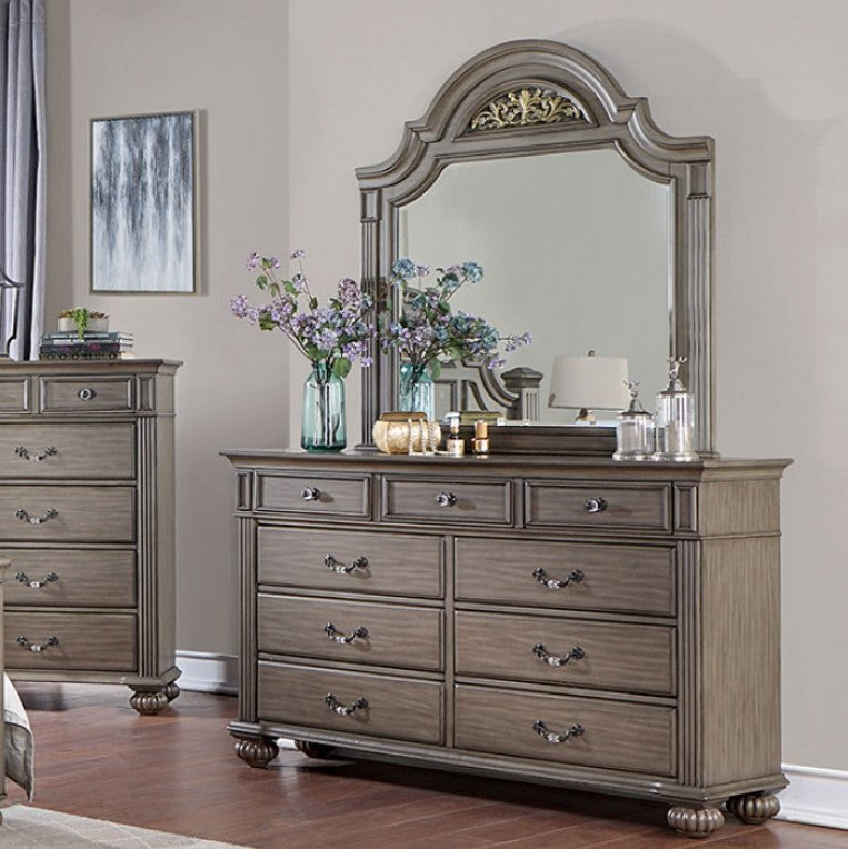 Bella Traditional Gray Dresser Wooden dresser with mirror in a bedroom setting